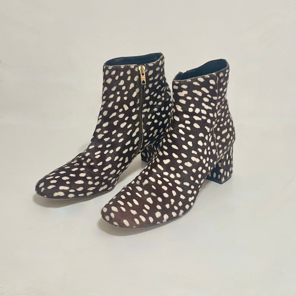 J. CREW Side Zip Ankle Boots‎ Leopard Calf Hair Leather Spotted Zippers Size 8.5